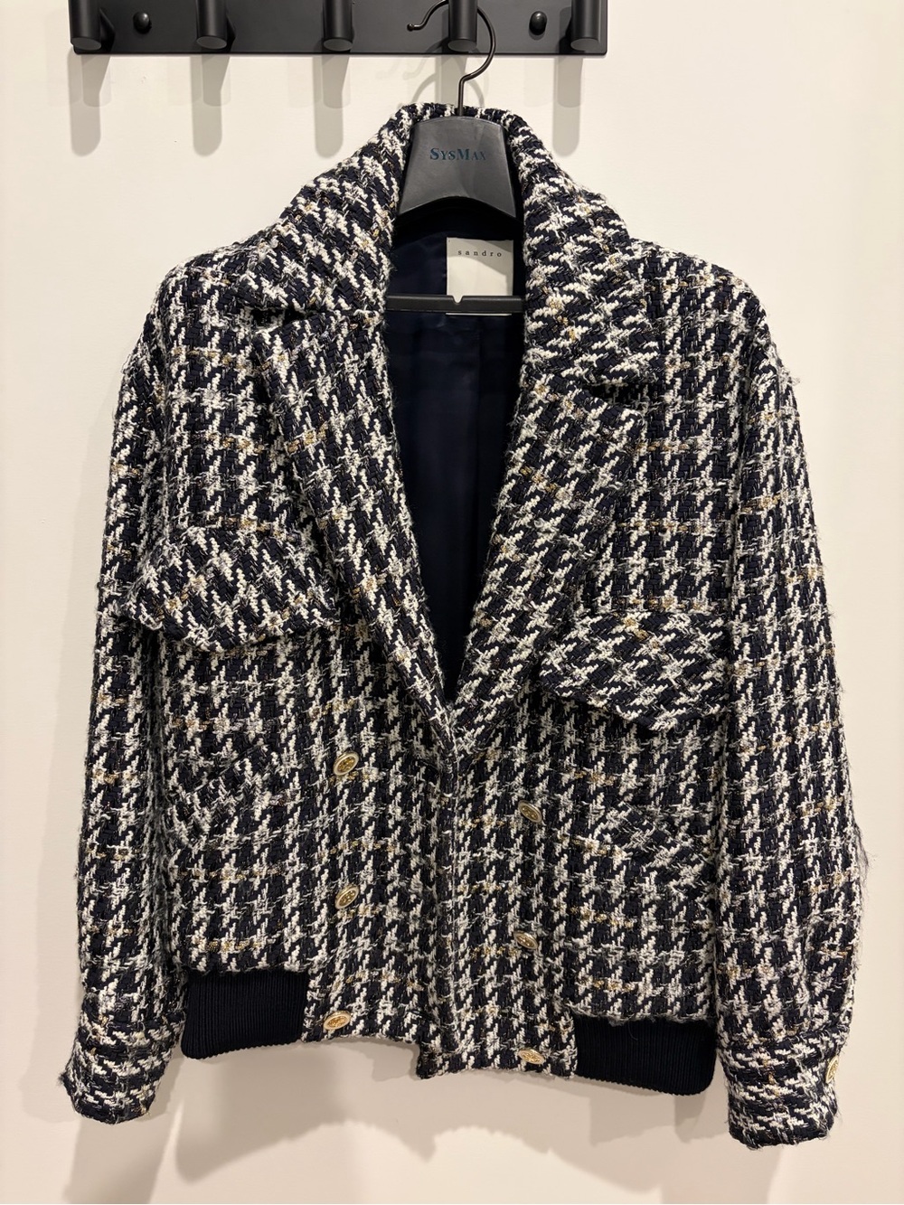 Sandro Navy, White & Gold Houndstooth Tweed Blazer